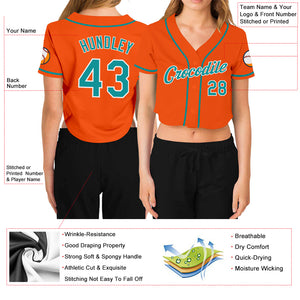 Custom Women's Orange Aqua-White V-Neck Cropped Baseball Jersey