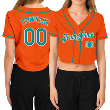 Load image into Gallery viewer, Custom Women&#39;s Orange Aqua-White V-Neck Cropped Baseball Jersey

