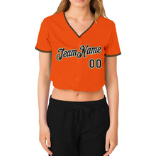 Load image into Gallery viewer, Custom Women&#39;s Orange Black Old Gold-White V-Neck Cropped Baseball Jersey
