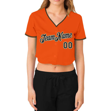 Custom Women's Orange Black Old Gold-White V-Neck Cropped Baseball Jersey