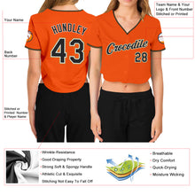 Load image into Gallery viewer, Custom Women&#39;s Orange Black Old Gold-White V-Neck Cropped Baseball Jersey
