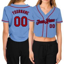 Load image into Gallery viewer, Custom Women&#39;s Light Blue Red-Navy V-Neck Cropped Baseball Jersey
