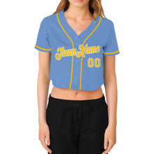 Load image into Gallery viewer, Custom Women&#39;s Light Blue Gold-White V-Neck Cropped Baseball Jersey
