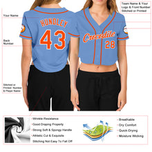 Load image into Gallery viewer, Custom Women&#39;s Light Blue Orange-White V-Neck Cropped Baseball Jersey
