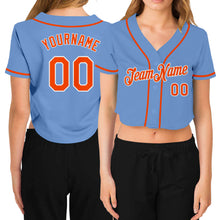 Load image into Gallery viewer, Custom Women&#39;s Light Blue Orange-White V-Neck Cropped Baseball Jersey

