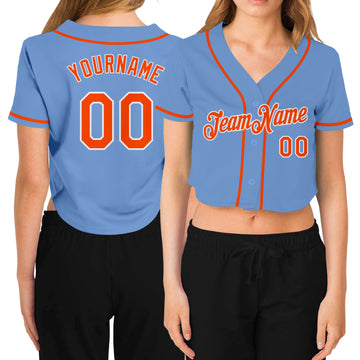 Custom Women's Light Blue Orange-White V-Neck Cropped Baseball Jersey