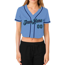 Load image into Gallery viewer, Custom Women&#39;s Light Blue Navy Gray-Aqua V-Neck Cropped Baseball Jersey

