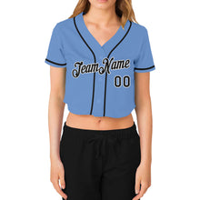 Load image into Gallery viewer, Custom Women&#39;s Light Blue Black-White V-Neck Cropped Baseball Jersey
