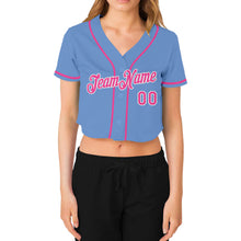 Load image into Gallery viewer, Custom Women&#39;s Light Blue Pink-White V-Neck Cropped Baseball Jersey
