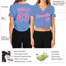 Load image into Gallery viewer, Custom Women&#39;s Light Blue Pink-White V-Neck Cropped Baseball Jersey
