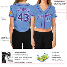 Load image into Gallery viewer, Custom Women&#39;s Light Blue Purple-White V-Neck Cropped Baseball Jersey
