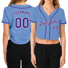 Load image into Gallery viewer, Custom Women&#39;s Light Blue Purple-White V-Neck Cropped Baseball Jersey
