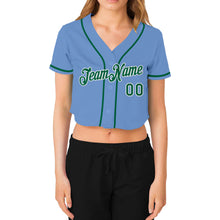 Load image into Gallery viewer, Custom Women&#39;s Light Blue Kelly Green-White V-Neck Cropped Baseball Jersey
