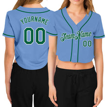 Load image into Gallery viewer, Custom Women&#39;s Light Blue Kelly Green-White V-Neck Cropped Baseball Jersey
