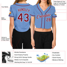 Load image into Gallery viewer, Custom Women&#39;s Light Blue Crimson-White V-Neck Cropped Baseball Jersey

