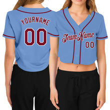 Load image into Gallery viewer, Custom Women&#39;s Light Blue Crimson-White V-Neck Cropped Baseball Jersey
