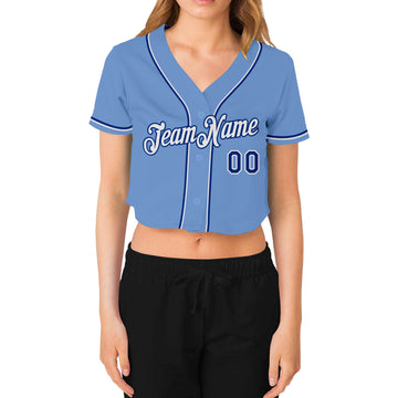 Custom Women's Light Blue White-Royal V-Neck Cropped Baseball Jersey