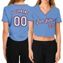 Load image into Gallery viewer, Custom Women&#39;s Light Blue White Royal-Red V-Neck Cropped Baseball Jersey
