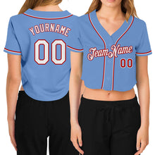 Load image into Gallery viewer, Custom Women&#39;s Light Blue White-Red V-Neck Cropped Baseball Jersey
