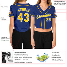Load image into Gallery viewer, Custom Women&#39;s Royal Gold-White V-Neck Cropped Baseball Jersey
