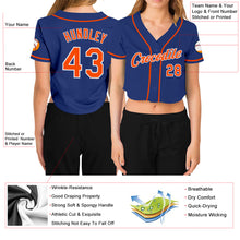Load image into Gallery viewer, Custom Women&#39;s Royal Orange-White V-Neck Cropped Baseball Jersey
