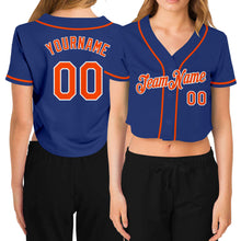Load image into Gallery viewer, Custom Women&#39;s Royal Orange-White V-Neck Cropped Baseball Jersey

