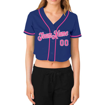 Custom Women's Royal Pink-White V-Neck Cropped Baseball Jersey