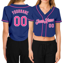 Load image into Gallery viewer, Custom Women&#39;s Royal Pink-White V-Neck Cropped Baseball Jersey

