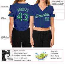 Load image into Gallery viewer, Custom Women&#39;s Royal Kelly Green-White V-Neck Cropped Baseball Jersey
