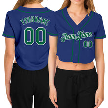 Load image into Gallery viewer, Custom Women&#39;s Royal Kelly Green-White V-Neck Cropped Baseball Jersey
