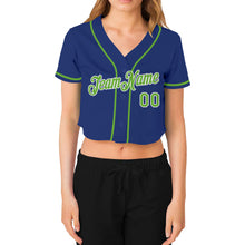 Load image into Gallery viewer, Custom Women&#39;s Royal Neon Green-White V-Neck Cropped Baseball Jersey
