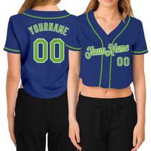 Load image into Gallery viewer, Custom Women&#39;s Royal Neon Green-White V-Neck Cropped Baseball Jersey
