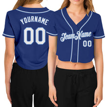 Load image into Gallery viewer, Custom Women&#39;s Royal White-Light Blue V-Neck Cropped Baseball Jersey
