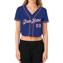 Load image into Gallery viewer, Custom Women&#39;s Royal White-Red V-Neck Cropped Baseball Jersey
