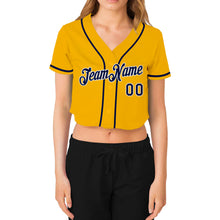 Load image into Gallery viewer, Custom Women&#39;s Gold Navy-White V-Neck Cropped Baseball Jersey
