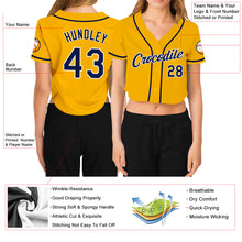 Load image into Gallery viewer, Custom Women&#39;s Gold Navy-White V-Neck Cropped Baseball Jersey
