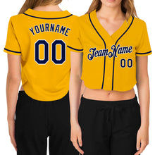 Load image into Gallery viewer, Custom Women&#39;s Gold Navy-White V-Neck Cropped Baseball Jersey
