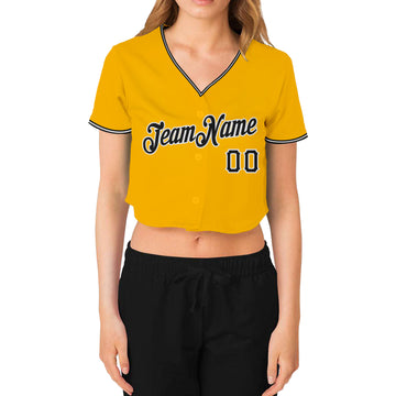Custom Women's Gold Black-White V-Neck Cropped Baseball Jersey
