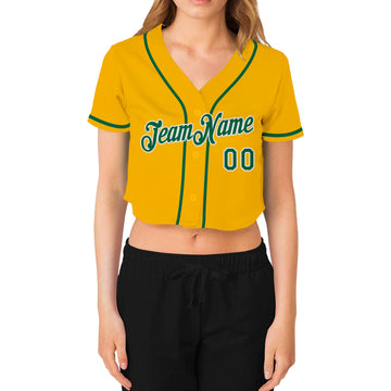 Custom Women's Gold Kelly Green-White V-Neck Cropped Baseball Jersey