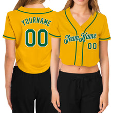 Load image into Gallery viewer, Custom Women&#39;s Gold Kelly Green-White V-Neck Cropped Baseball Jersey
