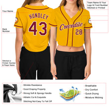 Load image into Gallery viewer, Custom Women&#39;s Gold Crimson-White V-Neck Cropped Baseball Jersey
