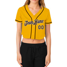 Load image into Gallery viewer, Custom Women&#39;s Gold Brown-White V-Neck Cropped Baseball Jersey
