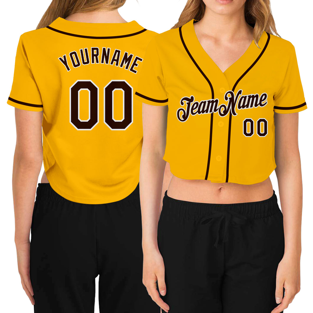 Custom Women's Gold Brown-White V-Neck Cropped Baseball Jersey