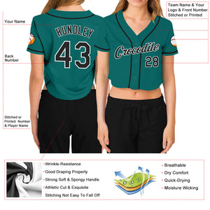 Custom Women's Aqua Black-White V-Neck Cropped Baseball Jersey
