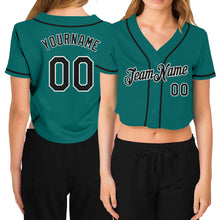 Load image into Gallery viewer, Custom Women&#39;s Aqua Black-White V-Neck Cropped Baseball Jersey
