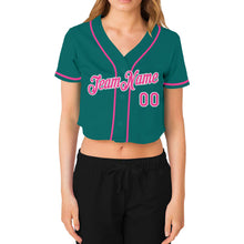 Load image into Gallery viewer, Custom Women&#39;s Aqua Pink-White V-Neck Cropped Baseball Jersey
