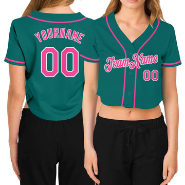 Custom Women's Aqua Pink-White V-Neck Cropped Baseball Jersey
