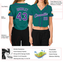 Load image into Gallery viewer, Custom Women&#39;s Aqua Purple-White V-Neck Cropped Baseball Jersey
