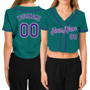 Custom Women's Aqua Purple-White V-Neck Cropped Baseball Jersey