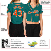Load image into Gallery viewer, Custom Women&#39;s Aqua Orange-White V-Neck Cropped Baseball Jersey
